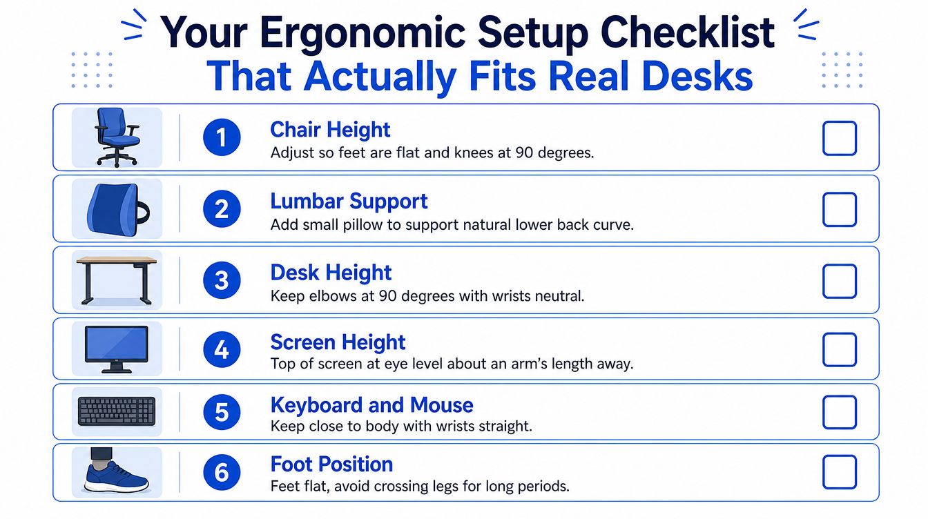 A graphic infographic titled Your Ergonomic Setup Checklist listing six tips for maintaining good desk posture.