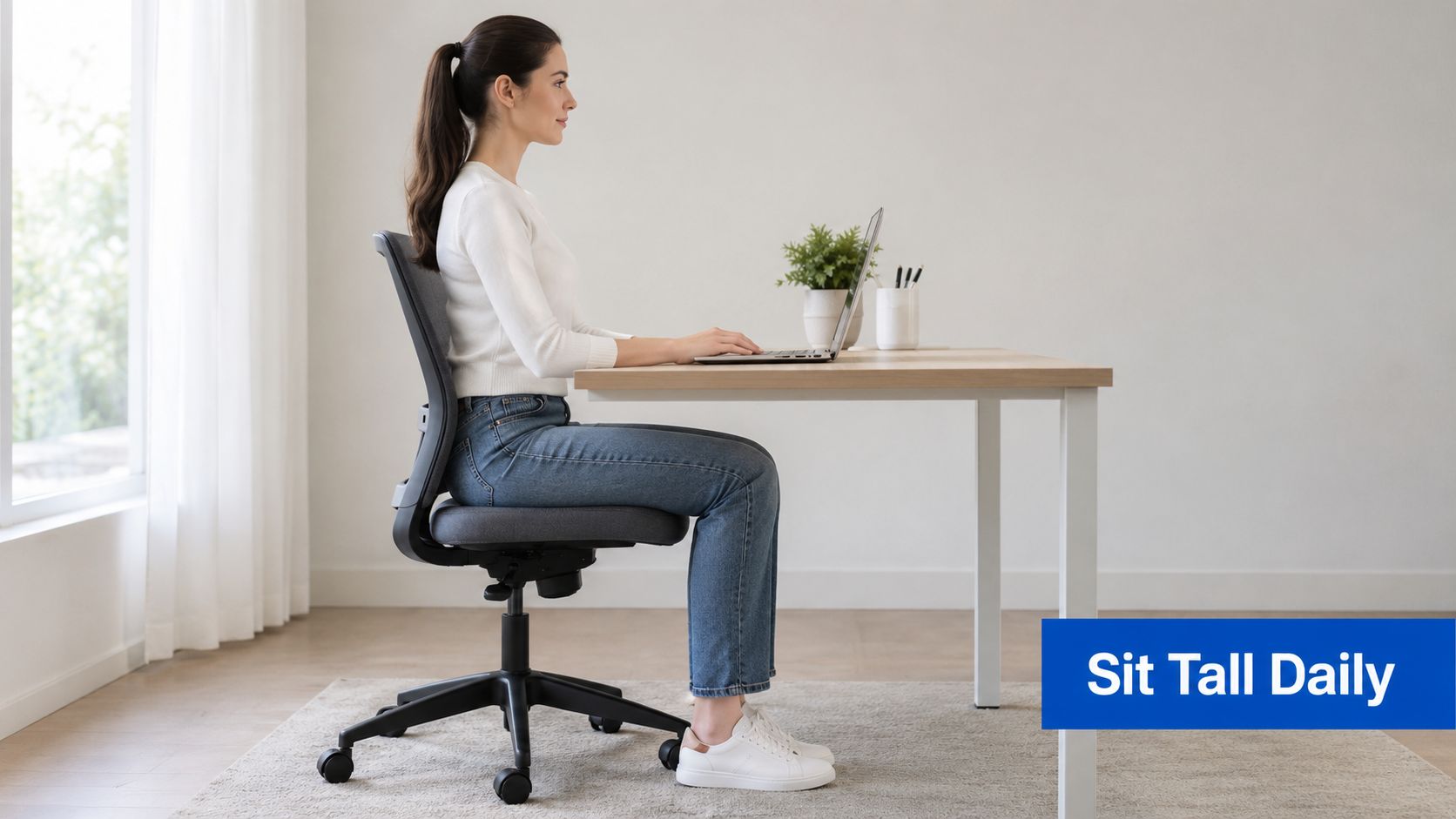 A young woman demonstrating perfect posture while sitting and working at her laptop on a desk.