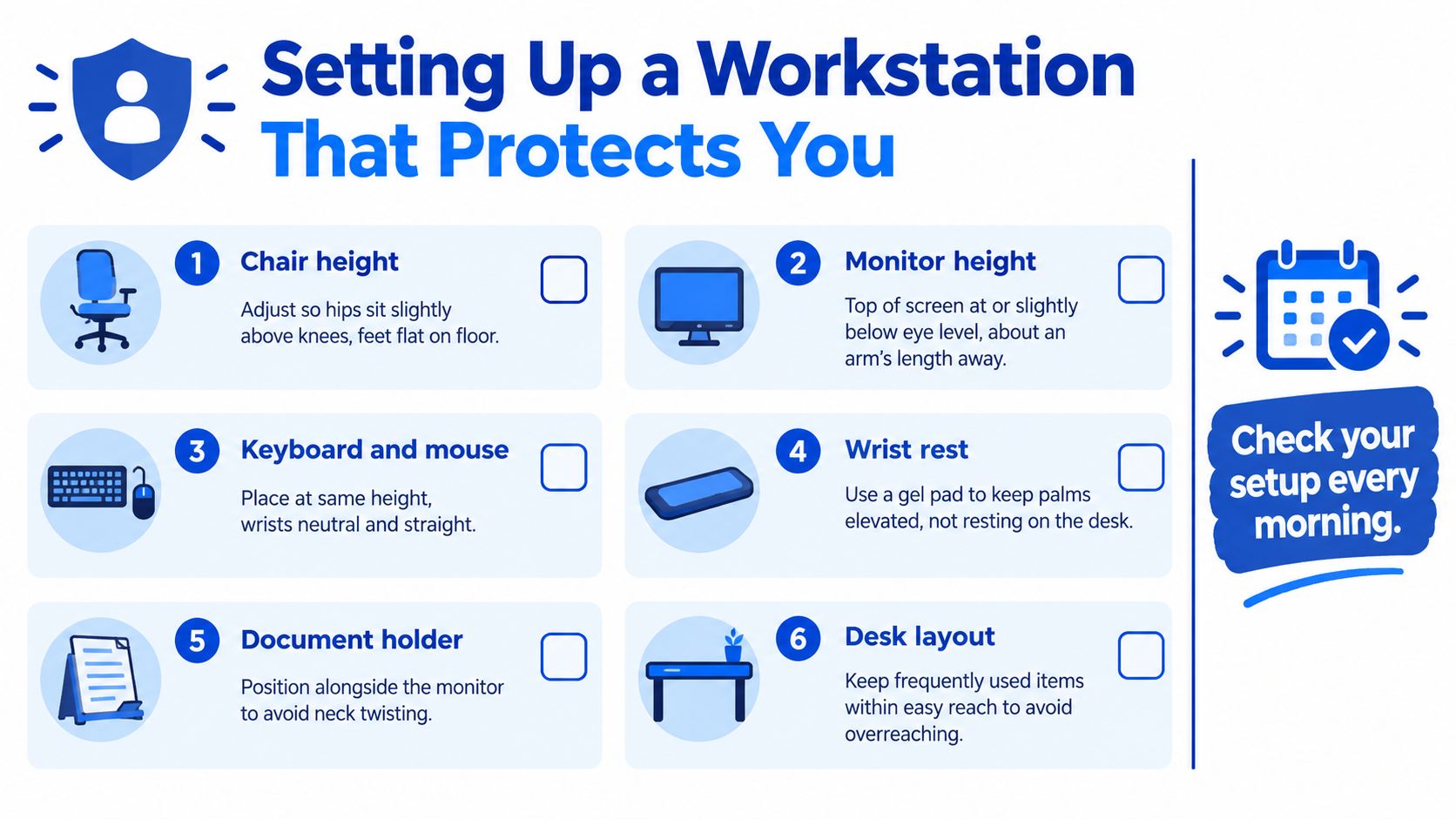 An infographic titled Setting Up a Workstation That Protects You, illustrating six ergonomic tips for healthy desk posture.
