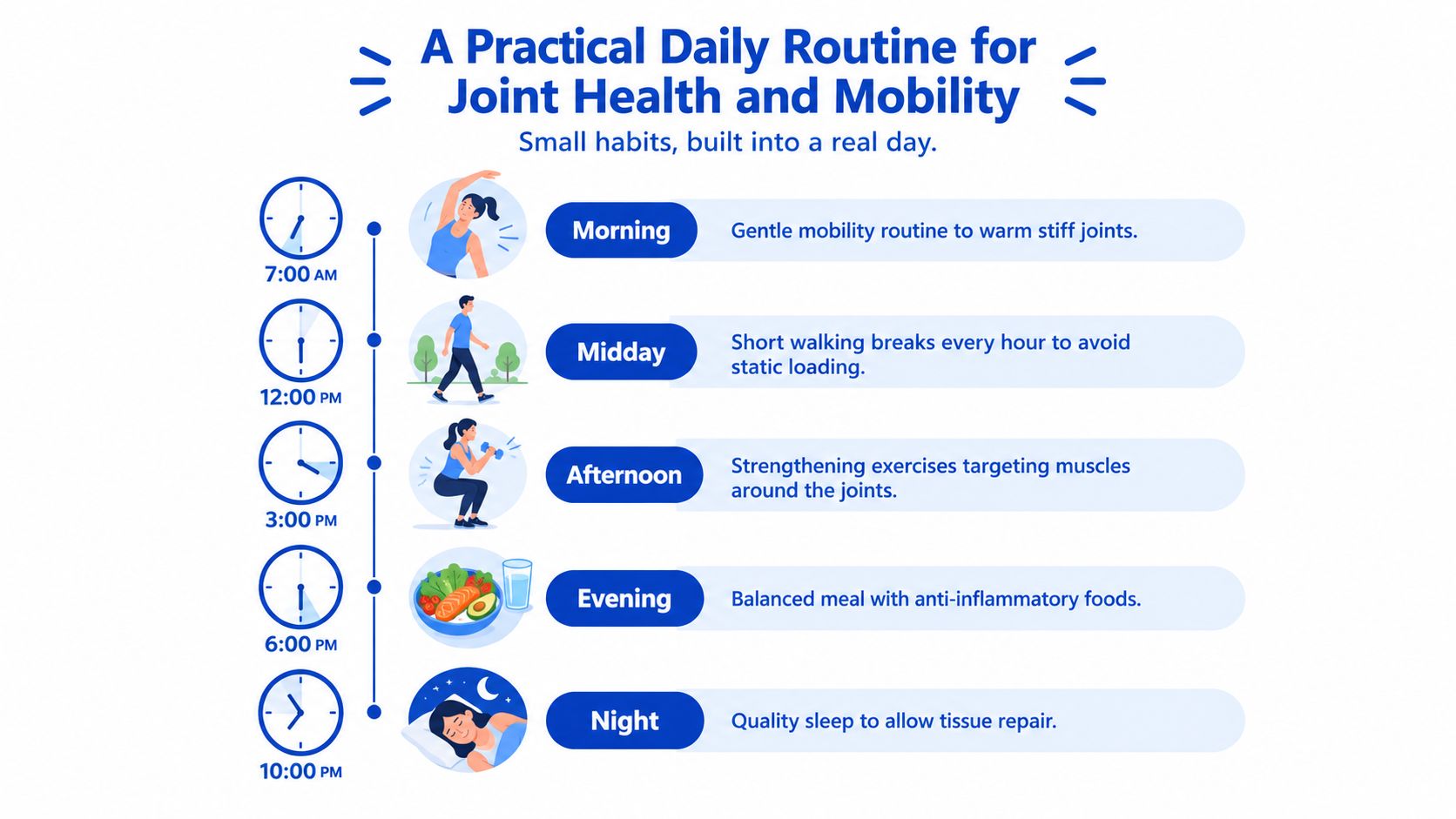 An infographic detailing a daily routine with exercises and diet tips for improved joint health and mobility.