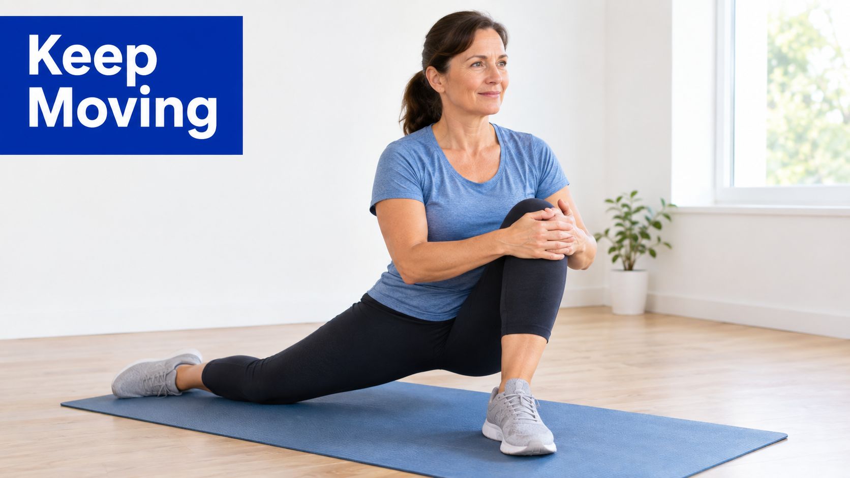 A woman performing a deep lunge stretch on a blue yoga mat to maintain joint mobility.