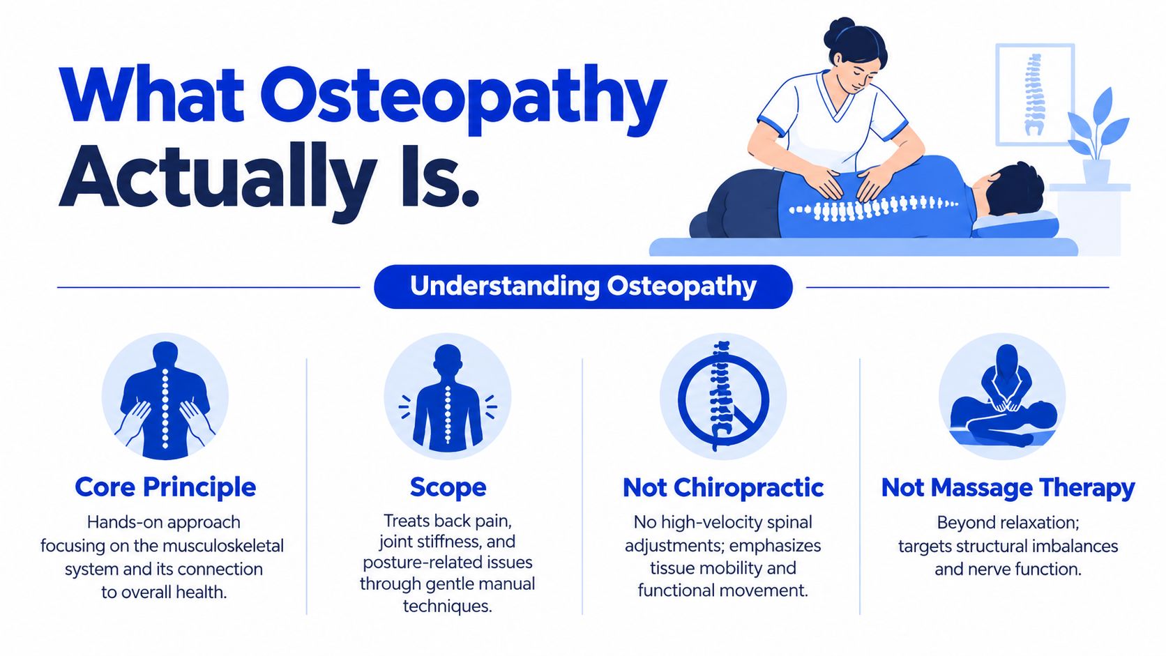 An infographic explaining osteopathy, its core principles, scope, and differences from chiropractic and massage therapy treatments.