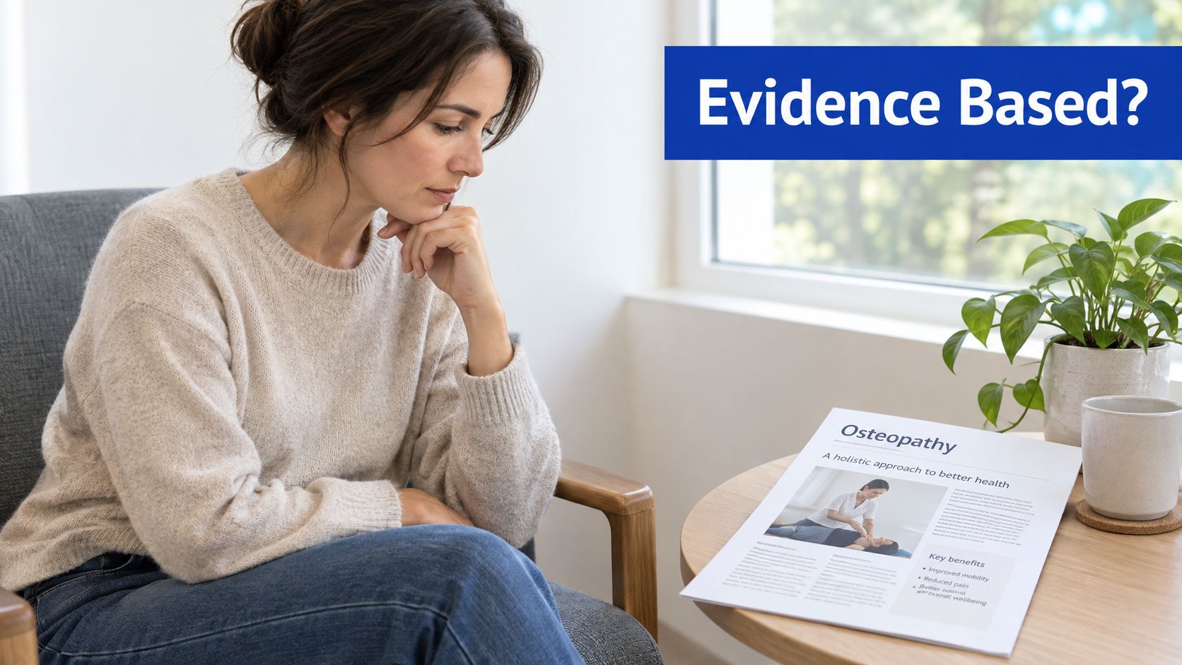A woman sitting in a chair looking thoughtfully at a pamphlet titled Osteopathy on a table.