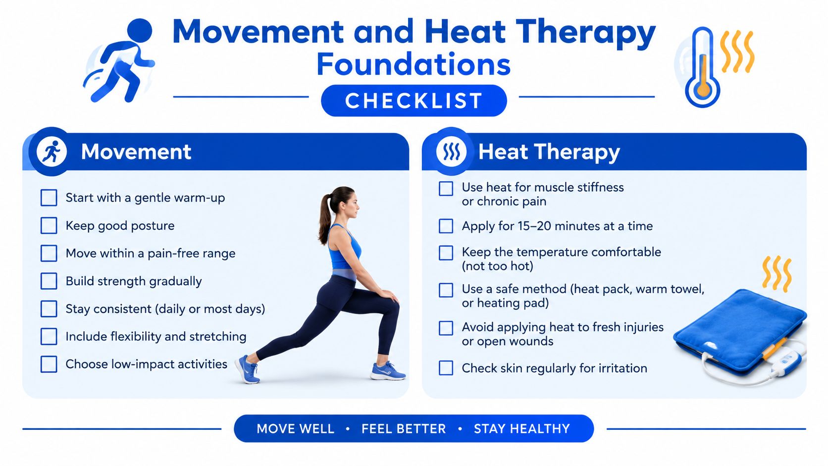 A helpful checklist for natural pain relief for arthritis, outlining movement and heat therapy best practices.
