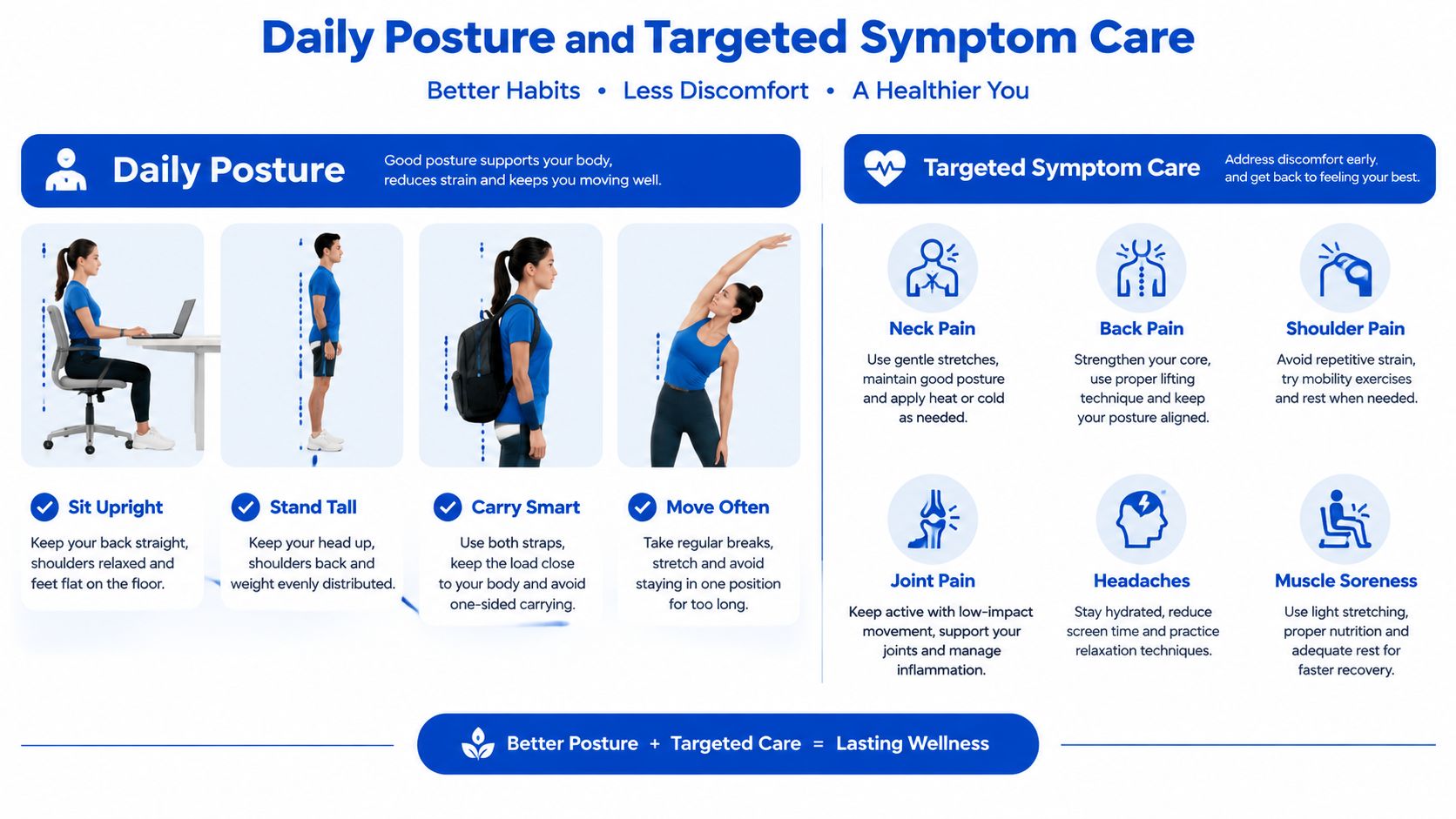 An infographic showing daily posture tips and advice for managing common body pain and muscle discomfort.