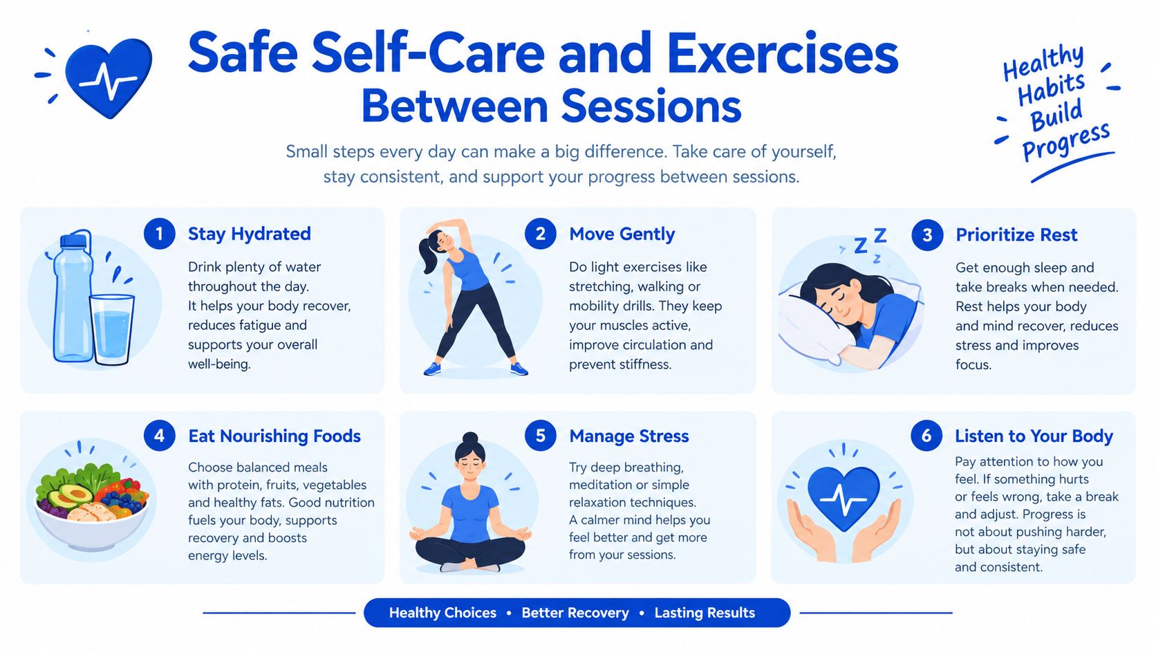 An infographic showing six healthy self-care and exercise habits for physical therapy recovery and well-being.