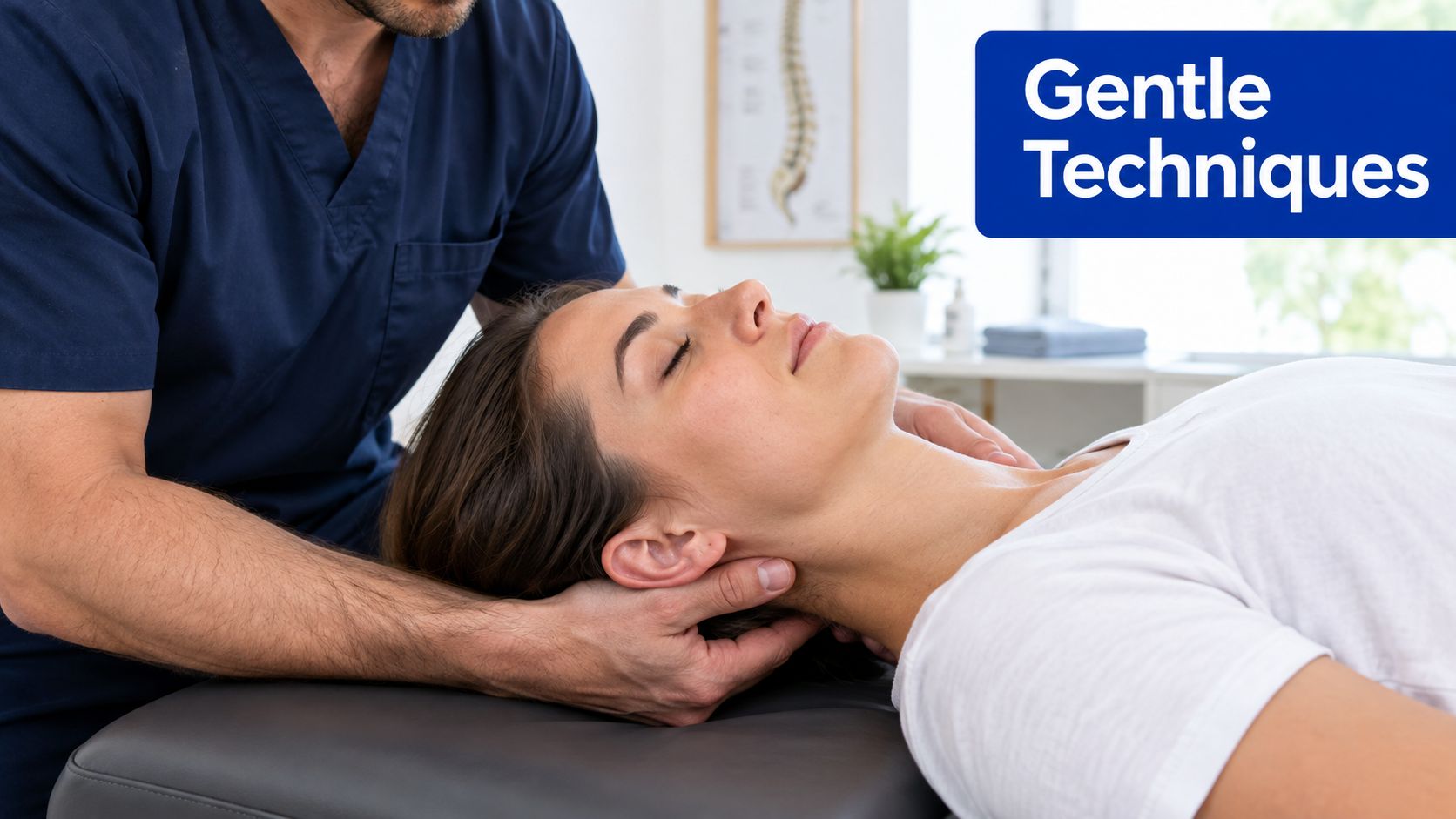 A professional osteopath performs gentle neck adjustment therapy on a relaxed patient lying on a treatment table.