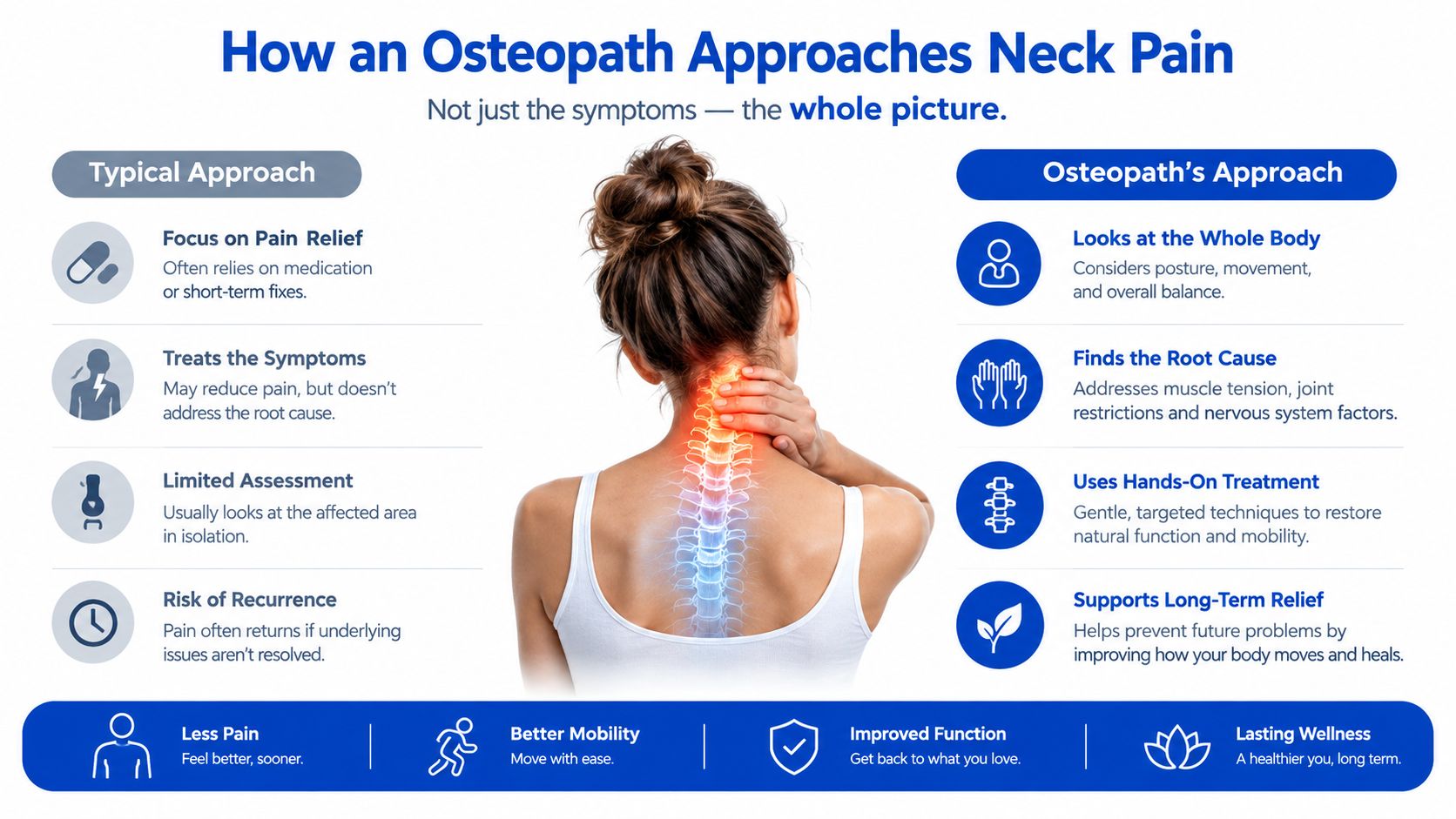 An infographic comparing the typical approach to neck pain versus an osteopathic approach to treatment.