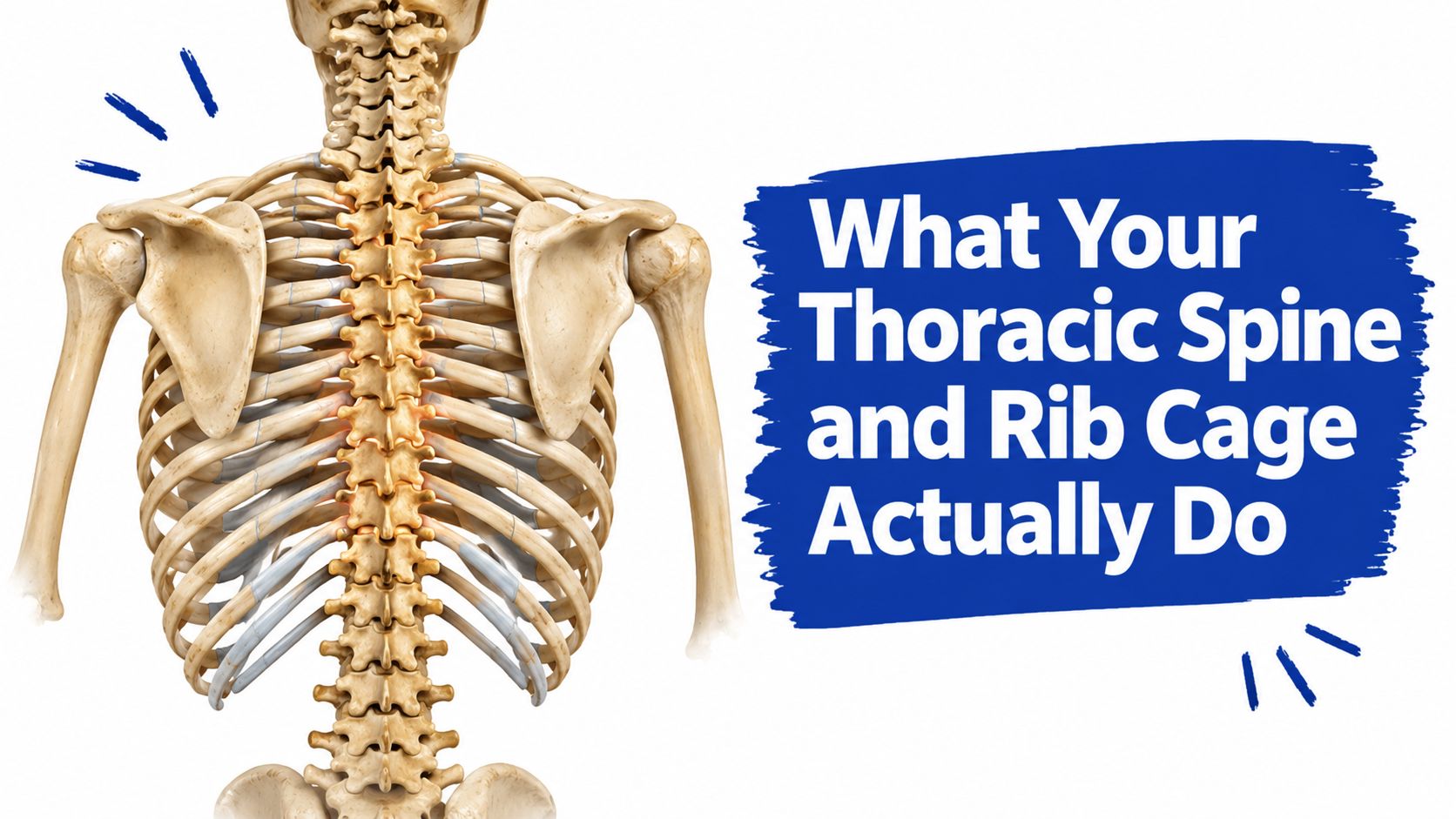 A posterior view of the human skeleton highlighting the thoracic spine and the rib cage structure.