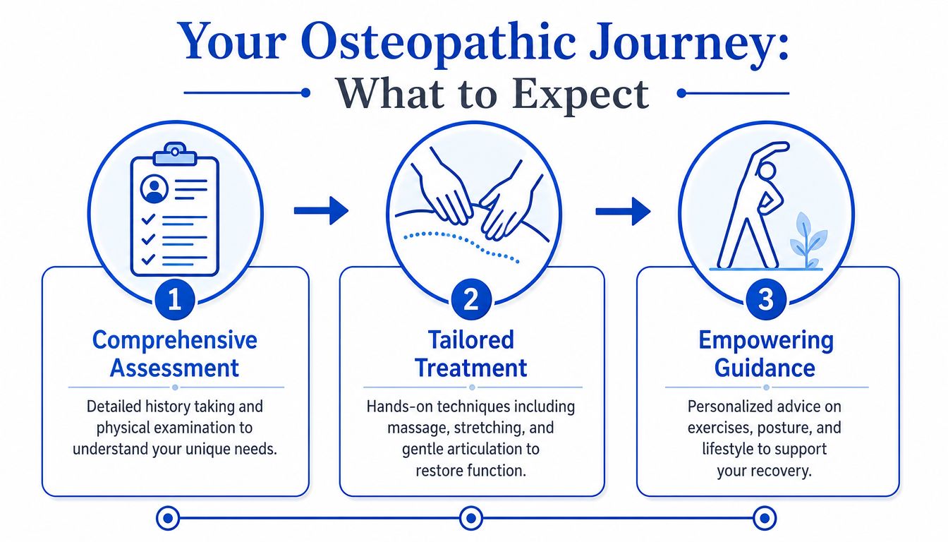 A three-step infographic detailing the osteopathic journey including comprehensive assessment, tailored treatment, and empowering guidance for patients.