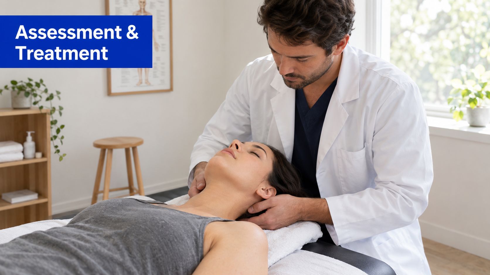 A professional osteopath performs a manual assessment and treatment on a female patient's neck in a clinic.