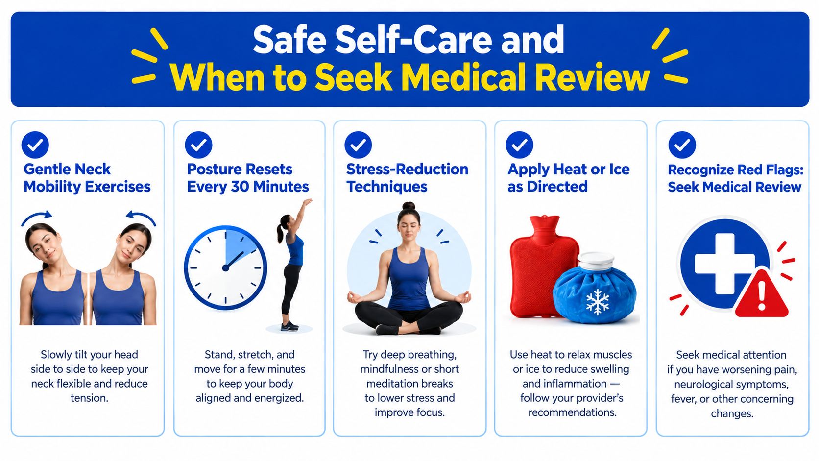 An infographic titled Safe Self-Care and When to Seek Medical Review with five tips for neck pain.