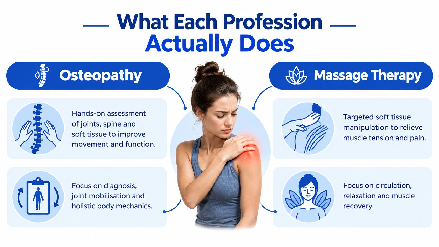 A diagram comparing osteopathy and massage therapy with a person experiencing shoulder pain in the center.