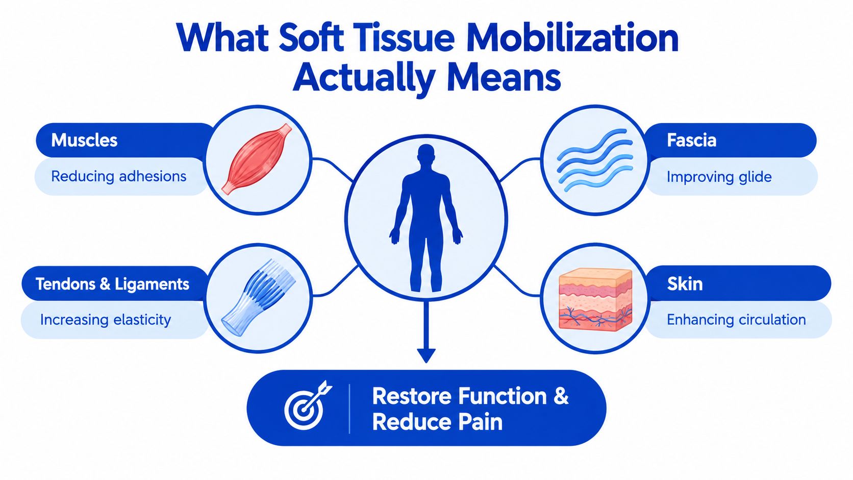 A diagram explaining soft tissue mobilization techniques by targeting muscles, fascia, tendons, ligaments, and skin to reduce pain.