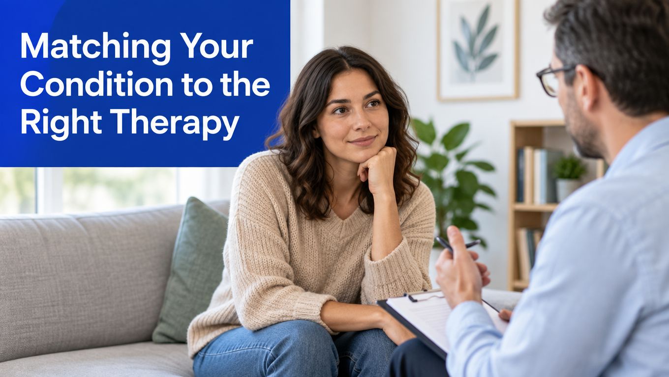 A woman sits on a couch and listens attentively to her therapist during a counseling session.
