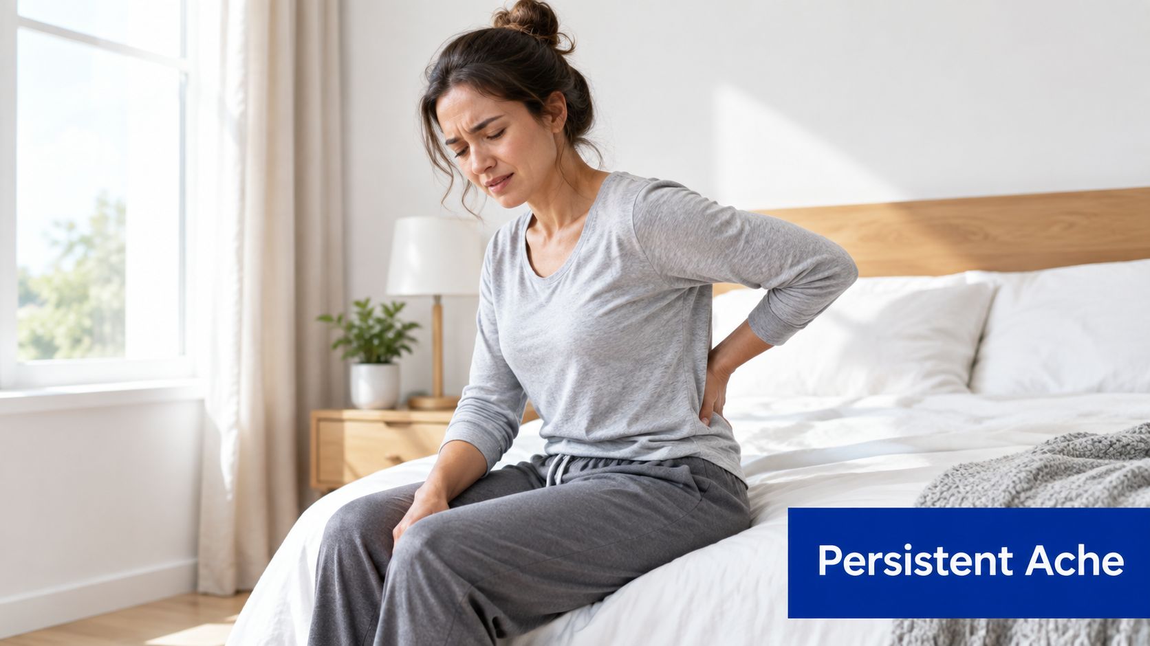 A woman sitting on her bed holding her lower back with an expression of pain and discomfort.