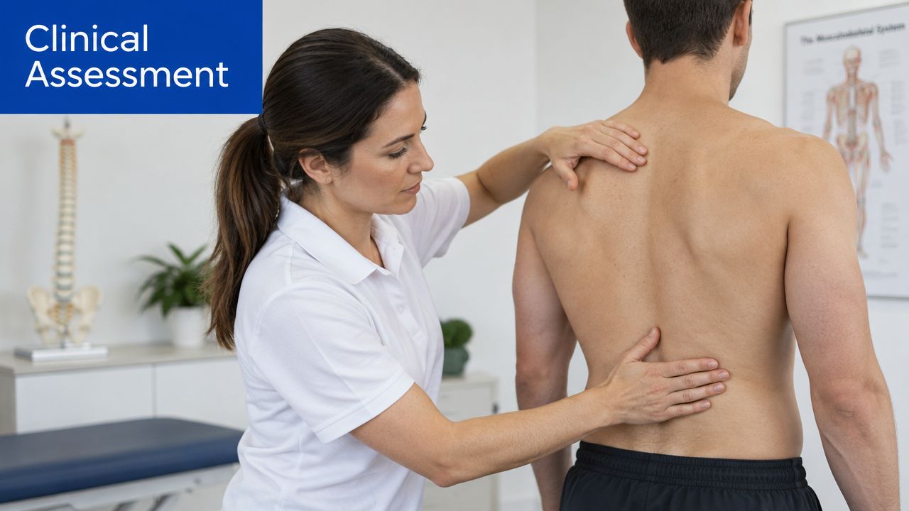 A professional physical therapist performing a clinical assessment of a male patient's back in a clinic.