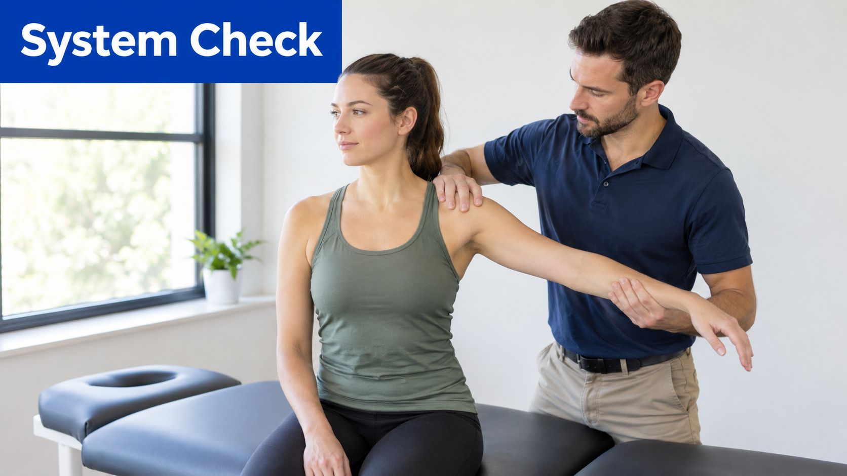 A male physical therapist examines the shoulder mobility of a female patient in a clinical setting.
