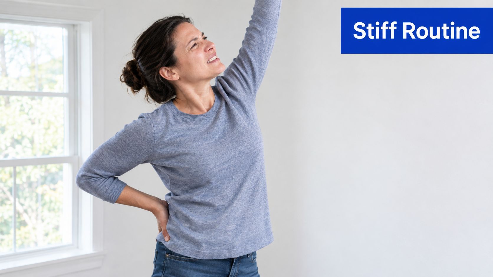 A woman stretches her arm and back while expressing discomfort, representing joint stiffness and mobility issues.