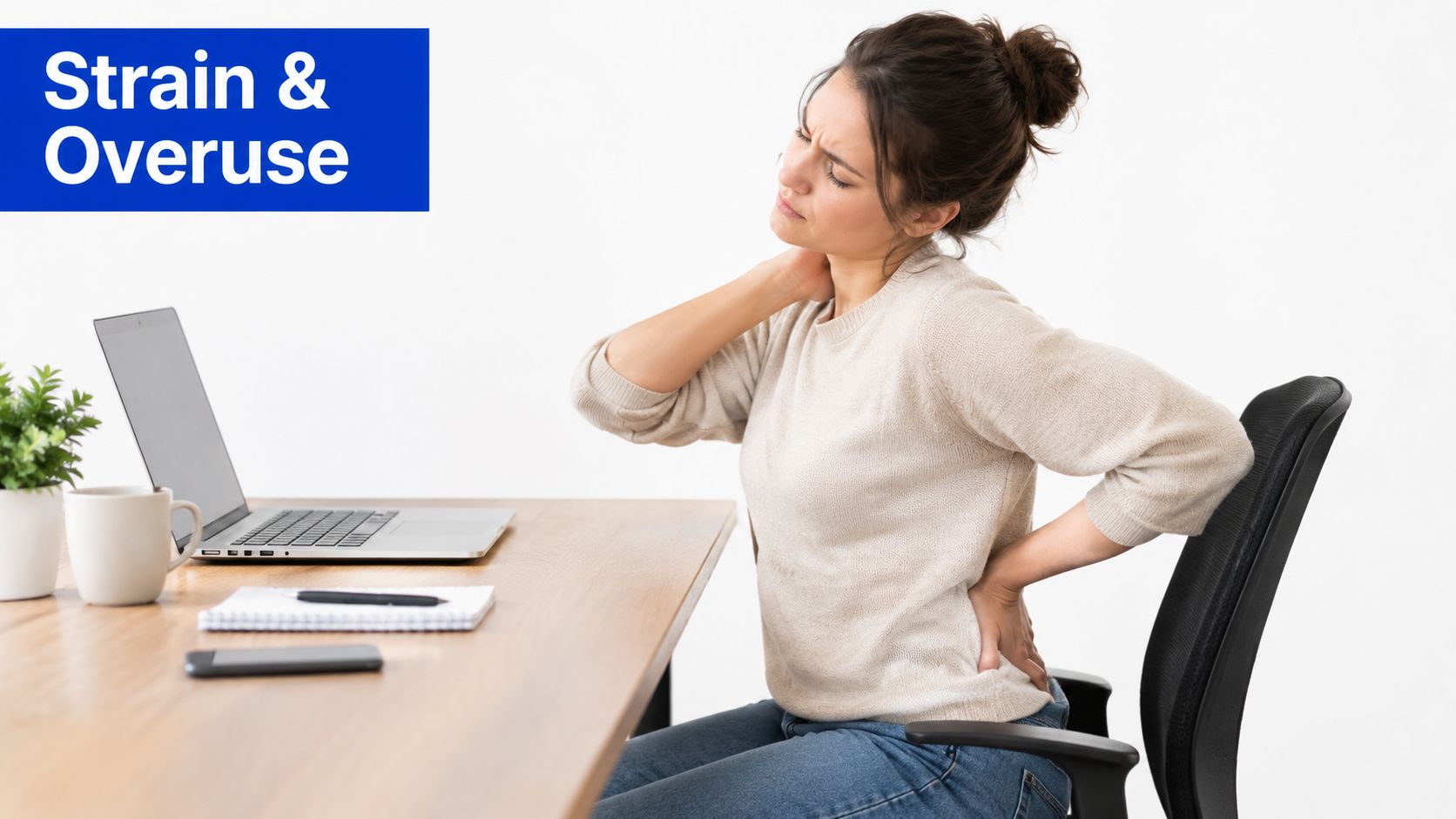 A woman sitting at a desk experiencing neck and lower back pain caused by strain and overuse.