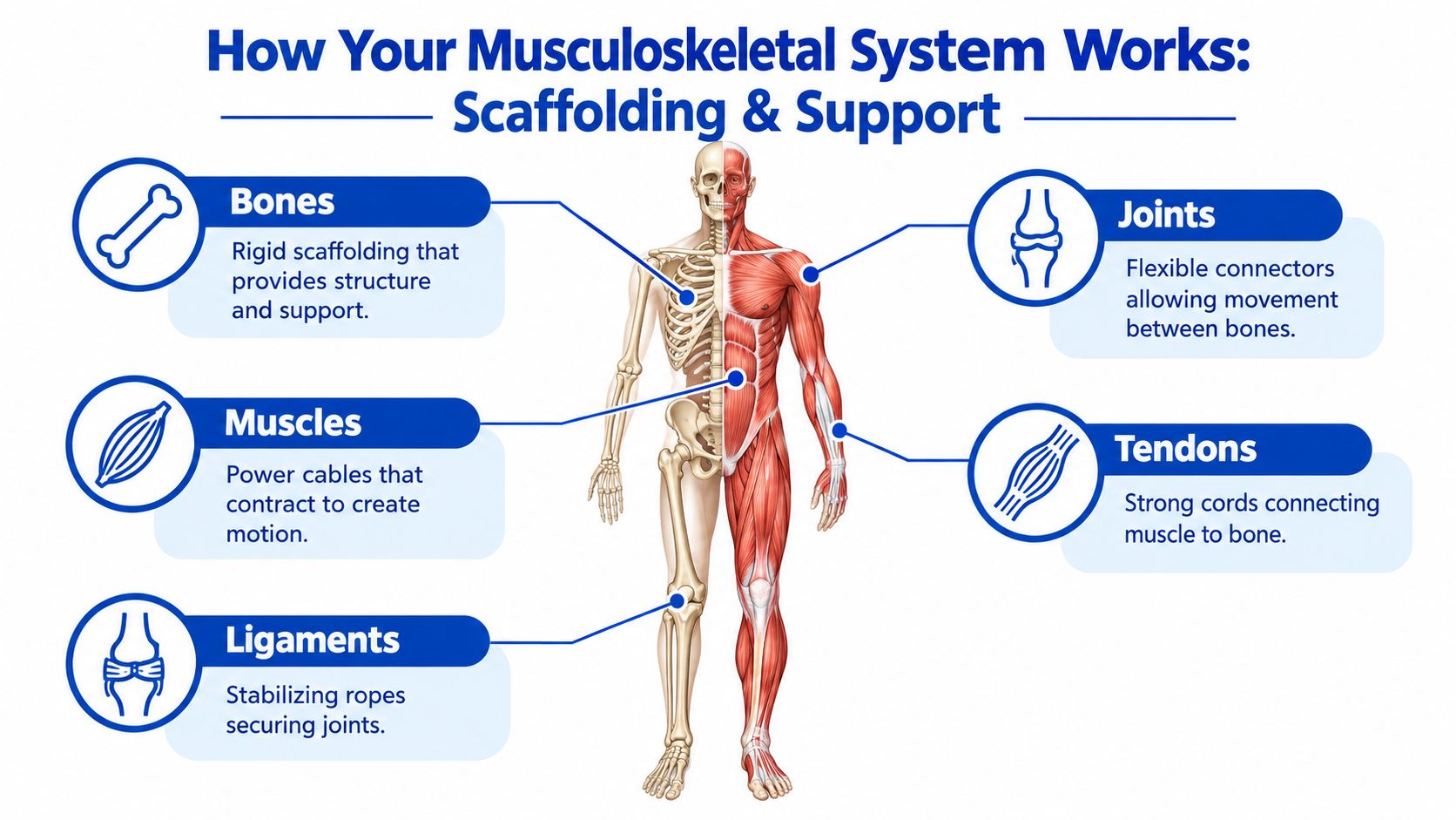 An infographic showing the human musculoskeletal system, including labels for bones, muscles, joints, tendons, and ligaments.