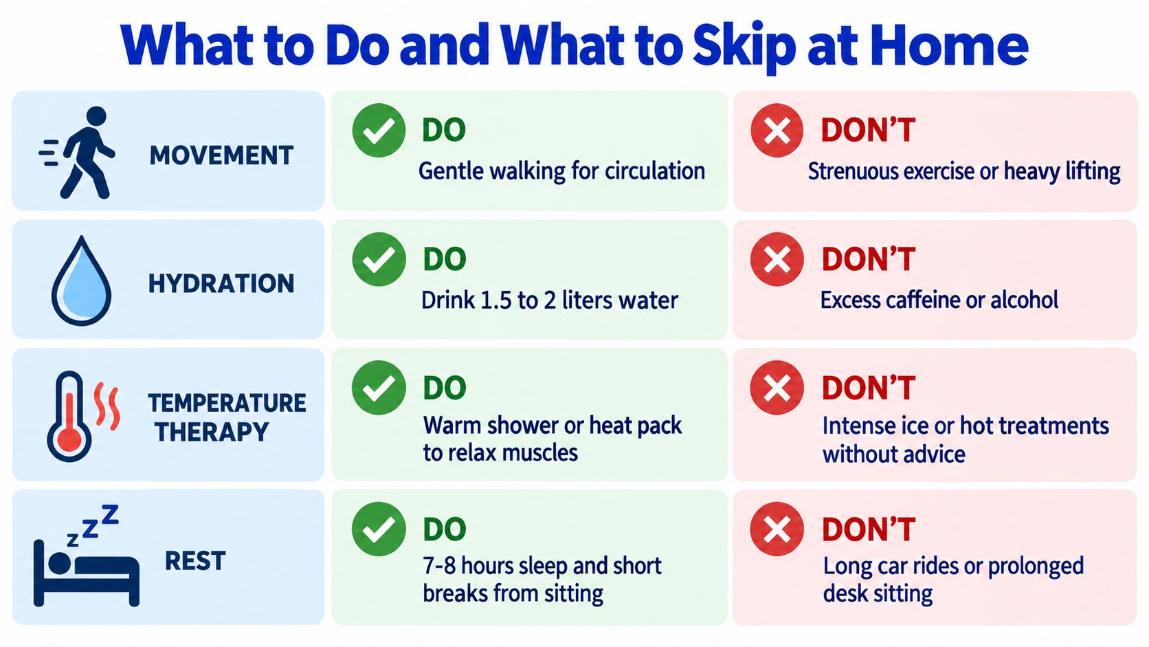 A chart illustrating health recommendations at home including movement, hydration, temperature therapy, and rest advice.