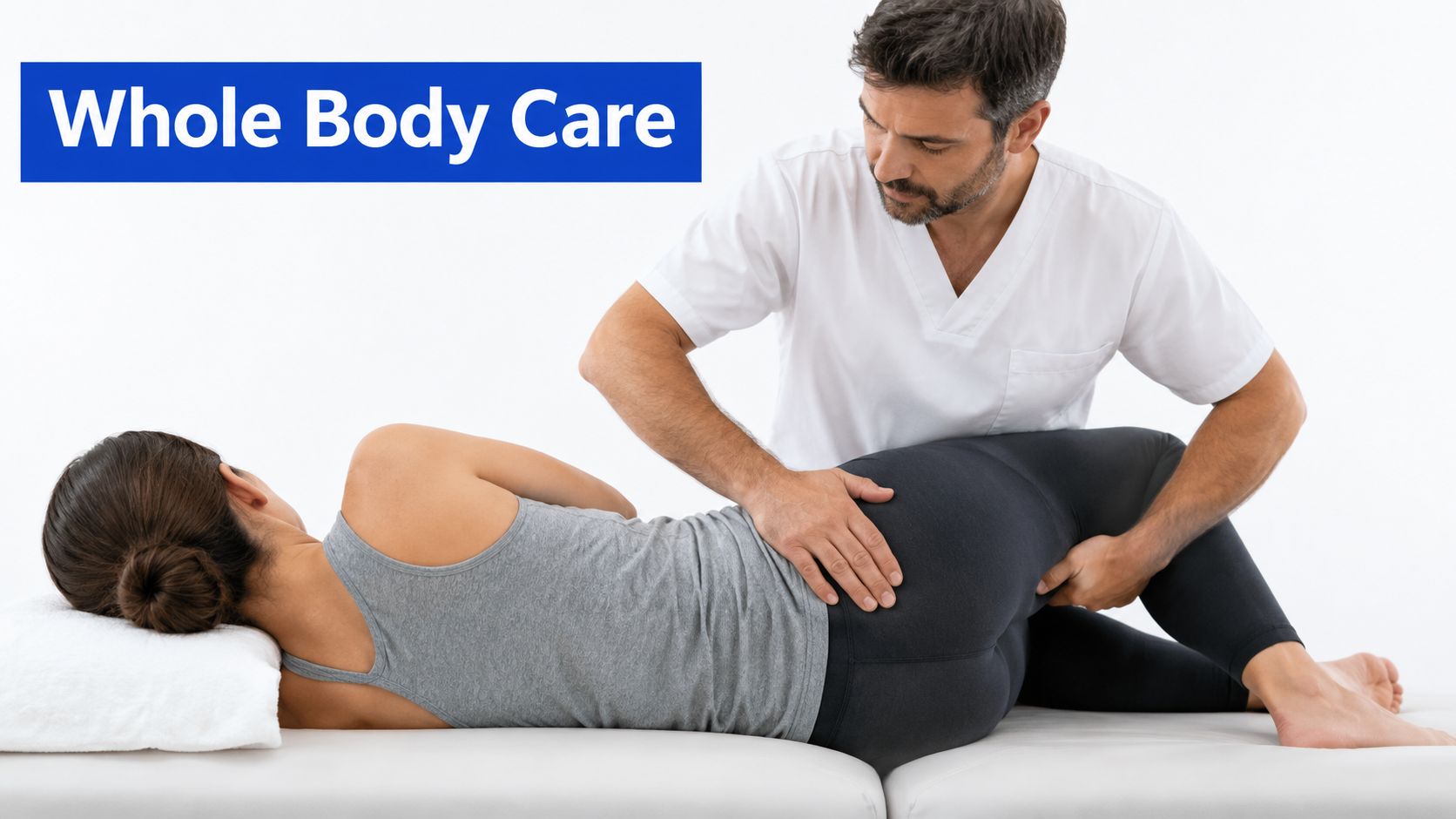 A professional physical therapist providing therapeutic hip treatment to a patient lying on a clinic table.
