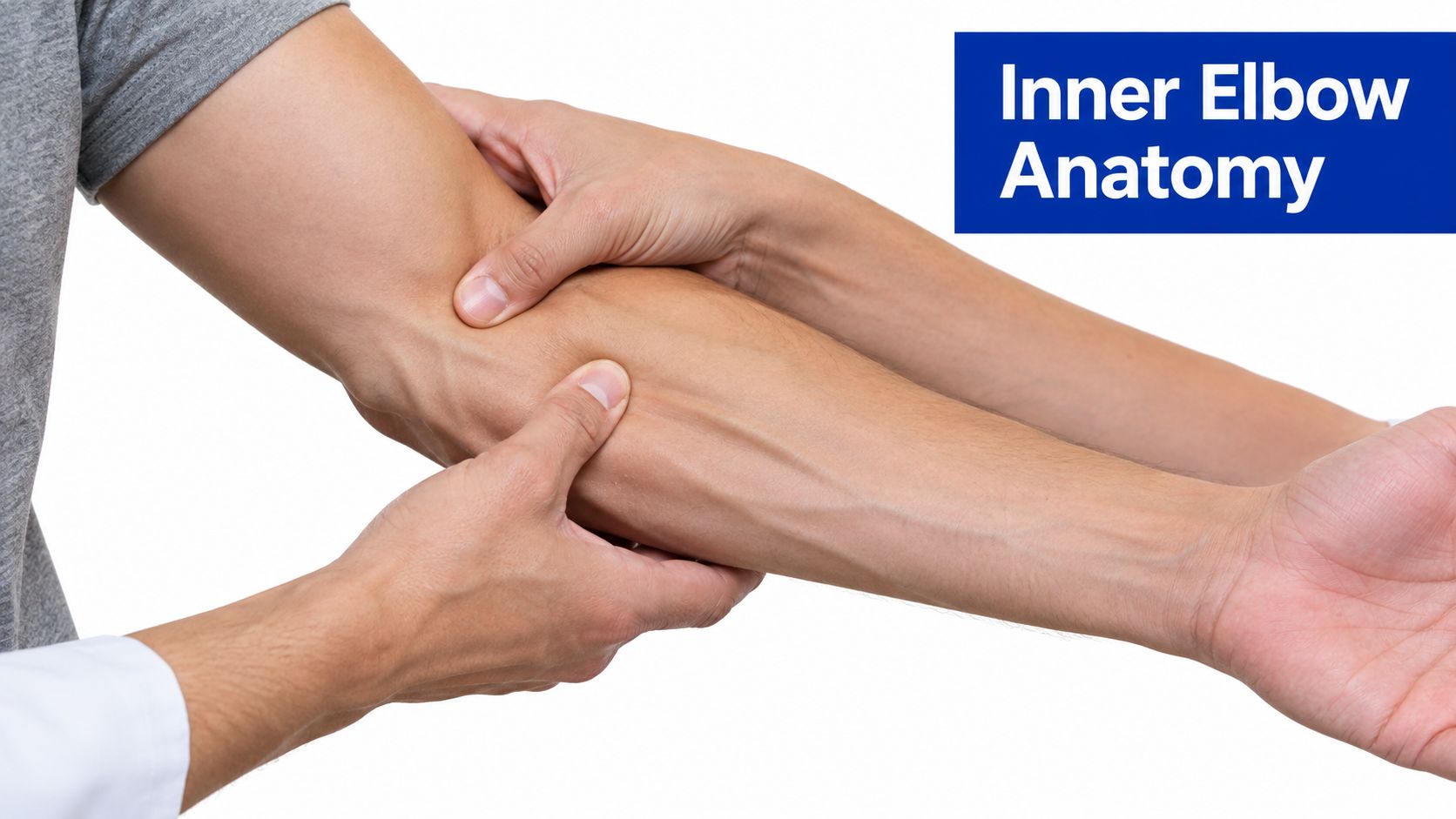 A medical professional palpating the inner elbow area to examine for symptoms of golfer's elbow pain.