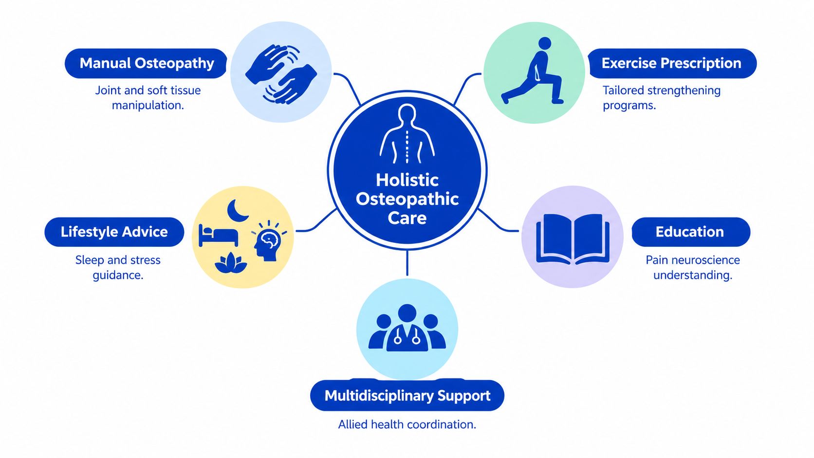 A diagram illustrating components of holistic osteopathic care including manual therapy, exercise, lifestyle advice, education, and support.