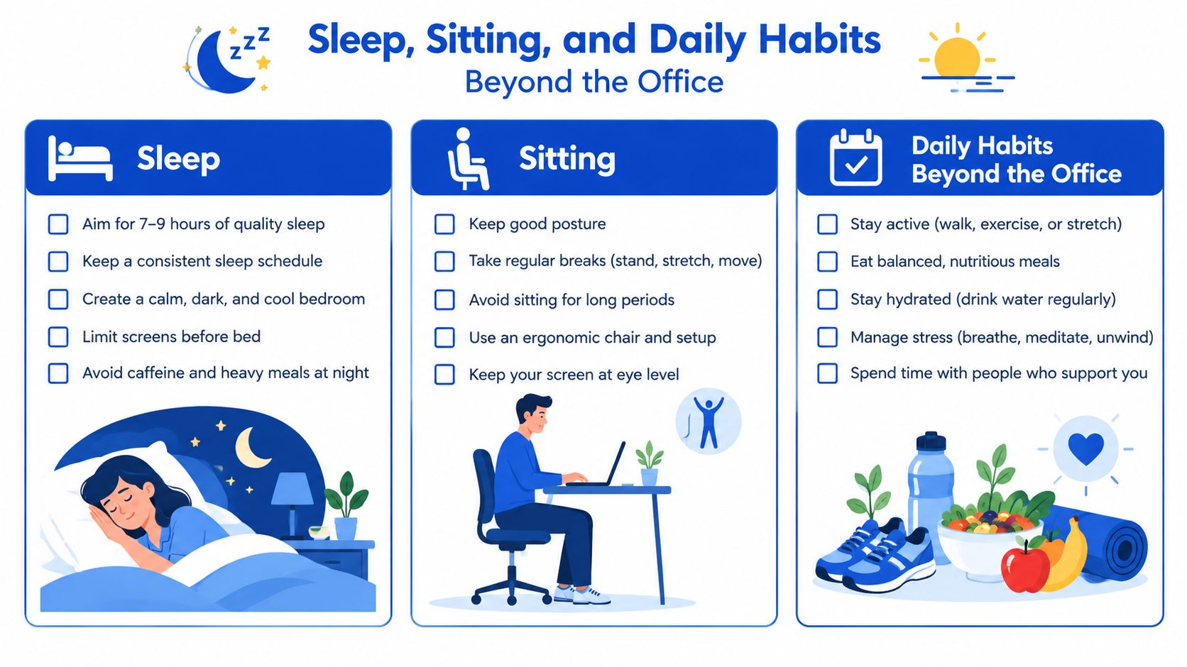 An infographic showing healthy lifestyle tips for sleep, sitting posture, and daily habits to support wellbeing.
