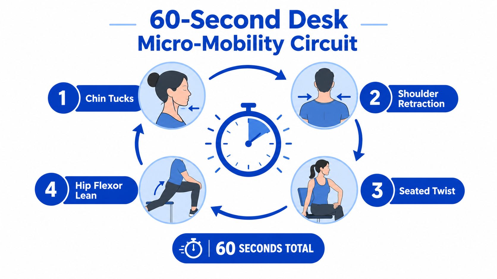 A 60-second desk micro-mobility circuit infographic showing four simple exercises to improve posture and reduce tension.