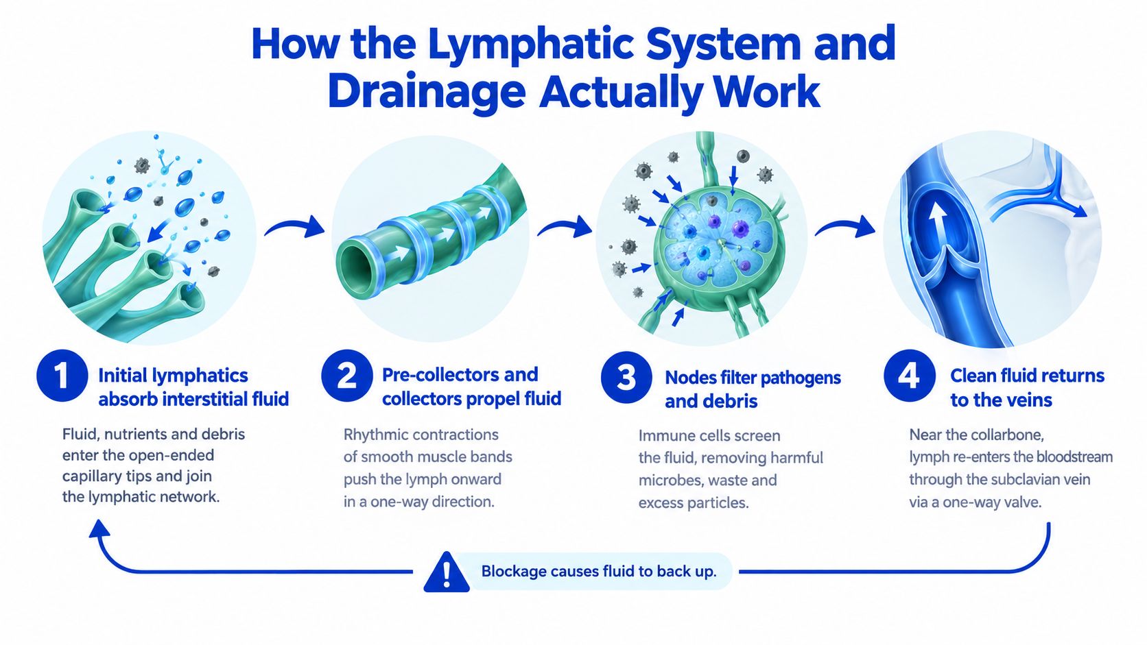 A diagram illustrating the four steps of how the lymphatic system works, including fluid absorption and filtration.