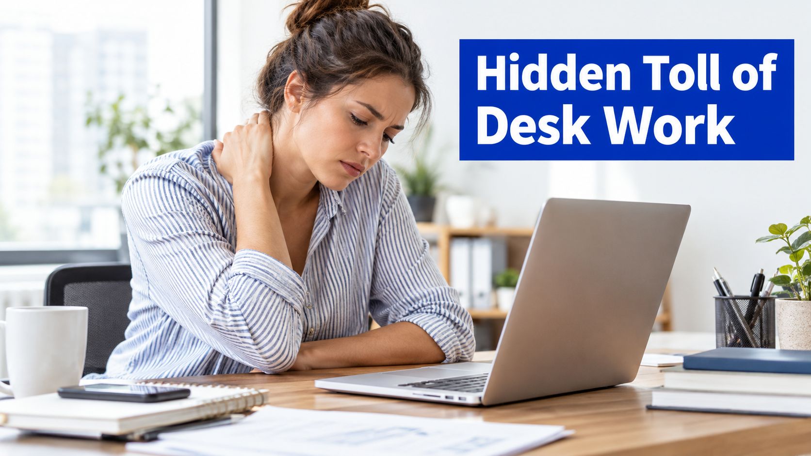 A young woman sitting at a desk and holding her neck while experiencing pain from computer work.