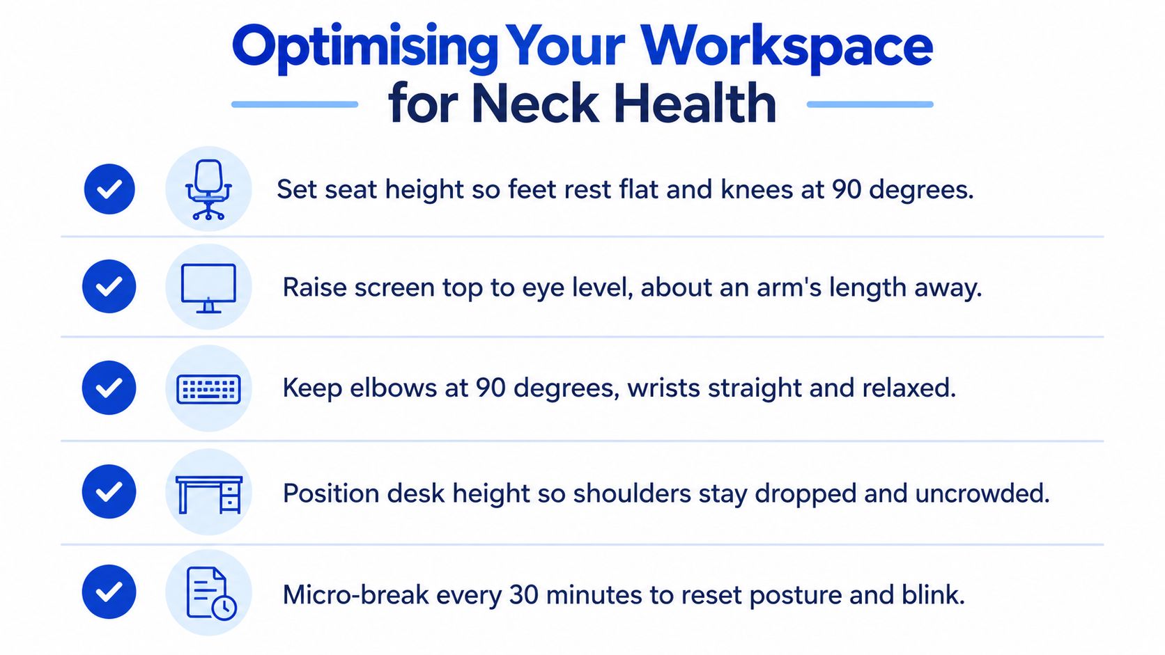 An infographic titled Optimising Your Workspace for Neck Health, showing five ergonomic tips for office workers.