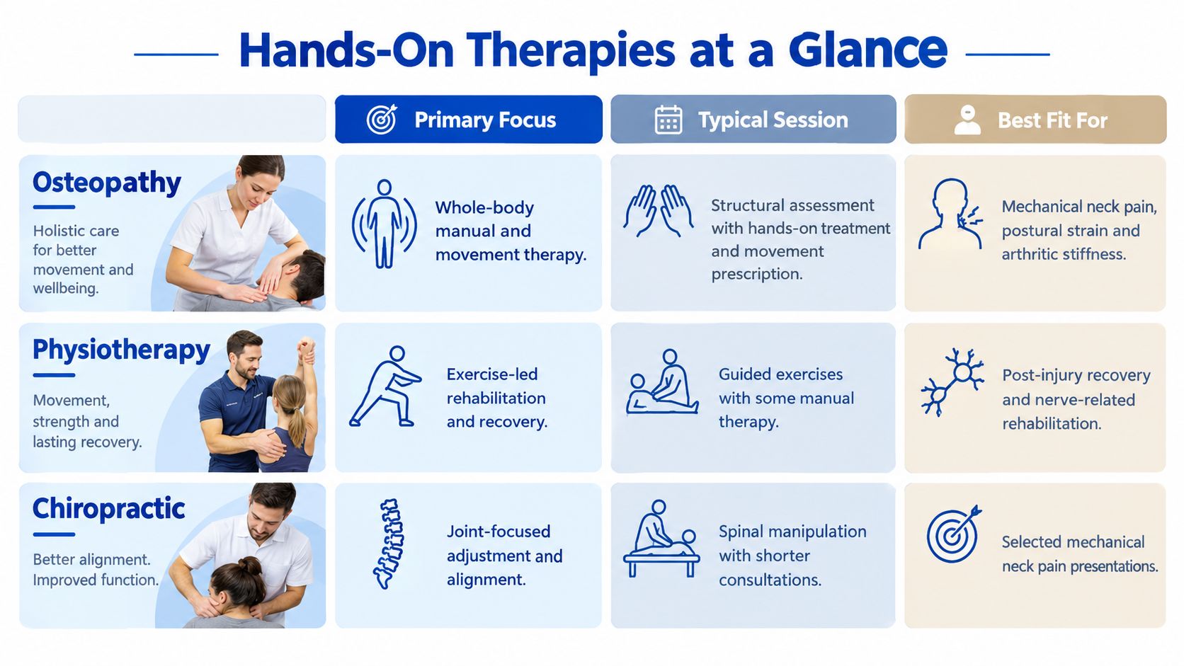 A comparison chart outlining differences between osteopathy, physiotherapy, and chiropractic care for effective neck pain treatment.