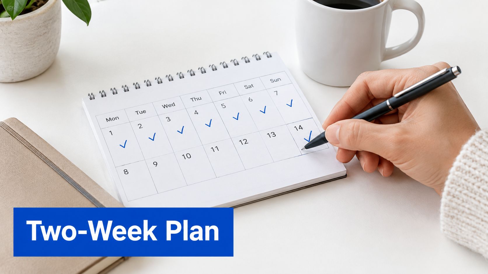 A hand writes on a paper calendar marking off dates for a two-week plan.