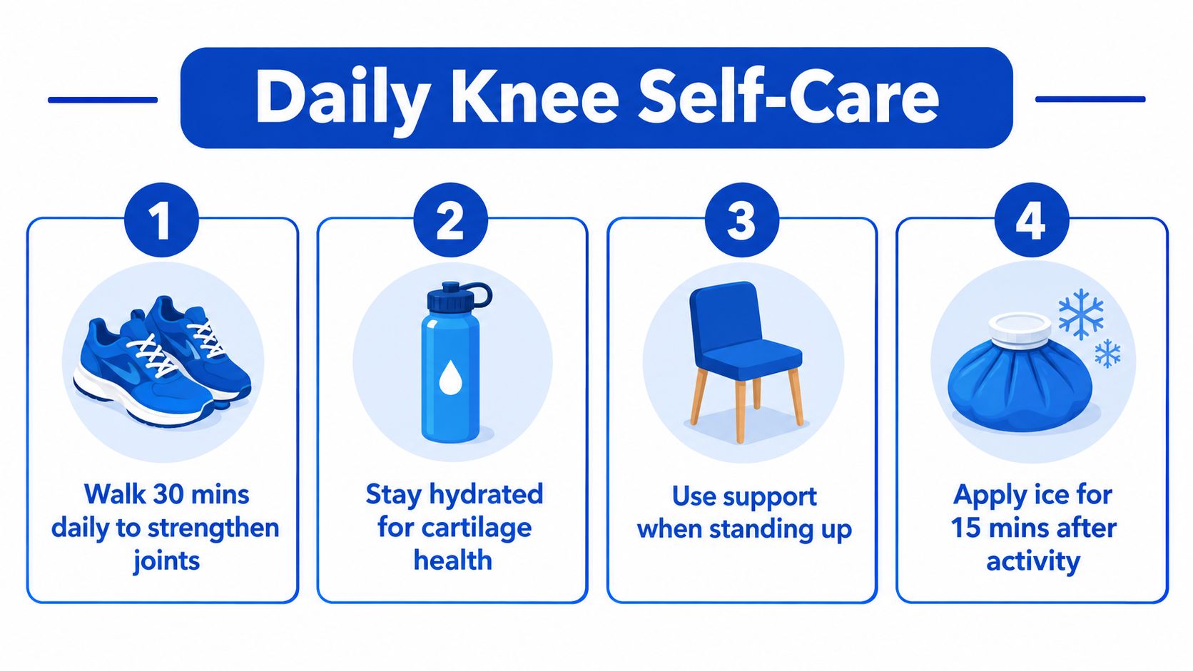 An infographic titled Daily Knee Self-Care showing four steps including walking, hydration, using support, and icing.