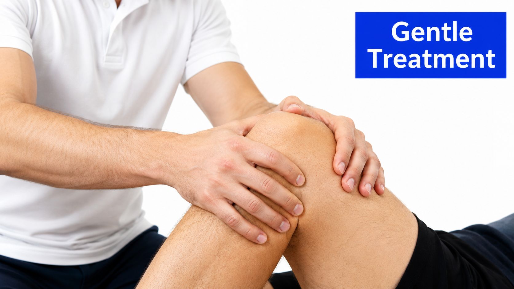 A professional osteopath gently examines and massages a patient's knee joint to relieve pain and discomfort.