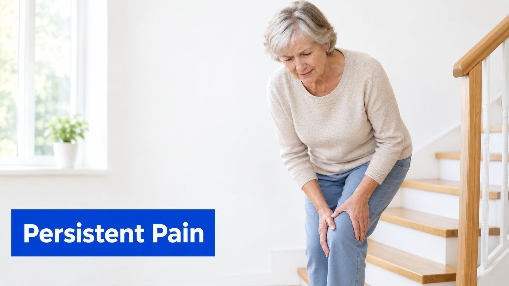 An elderly woman experiencing discomfort and persistent pain in her knee while climbing a staircase at home.