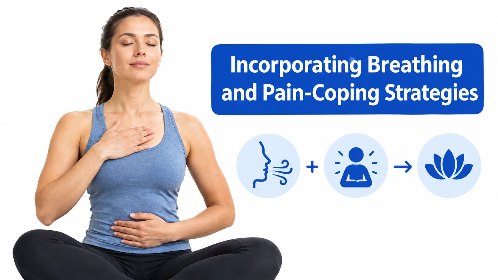 A woman practicing mindful breathing and relaxation techniques for pain management while sitting in a meditative pose.